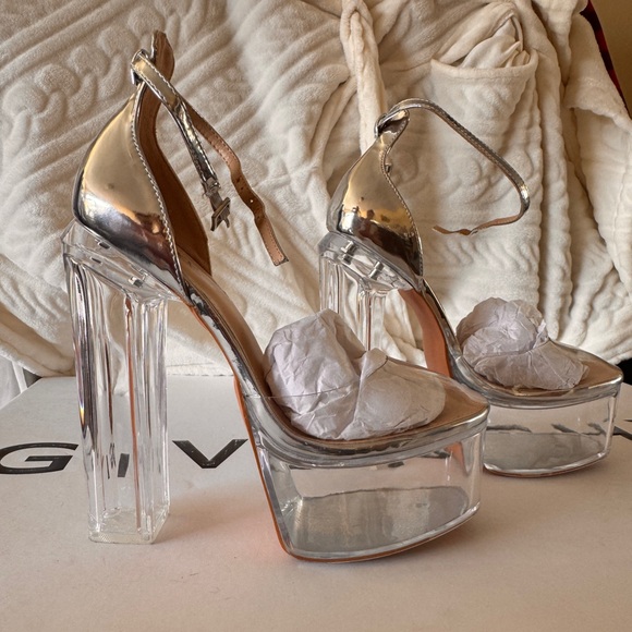 Silver Ankle Strap Platform Block High Heels - Picture 4 of 14
